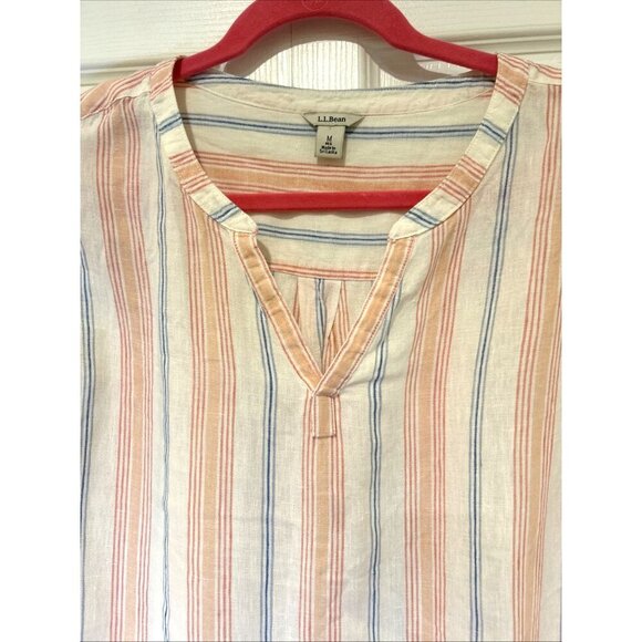 LL Bean Striped Top V Neck 3/4 Sleeve Womens Blouse Button Detail M Linen - Picture 3 of 9